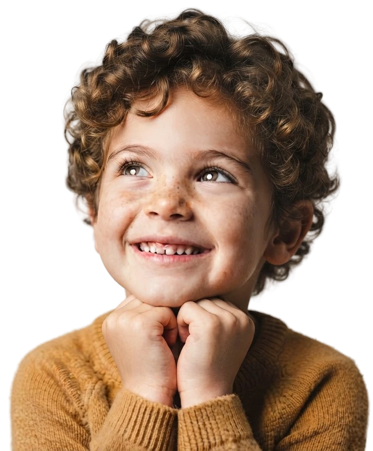 A smiling curly-haired boy resting his chin on his hands