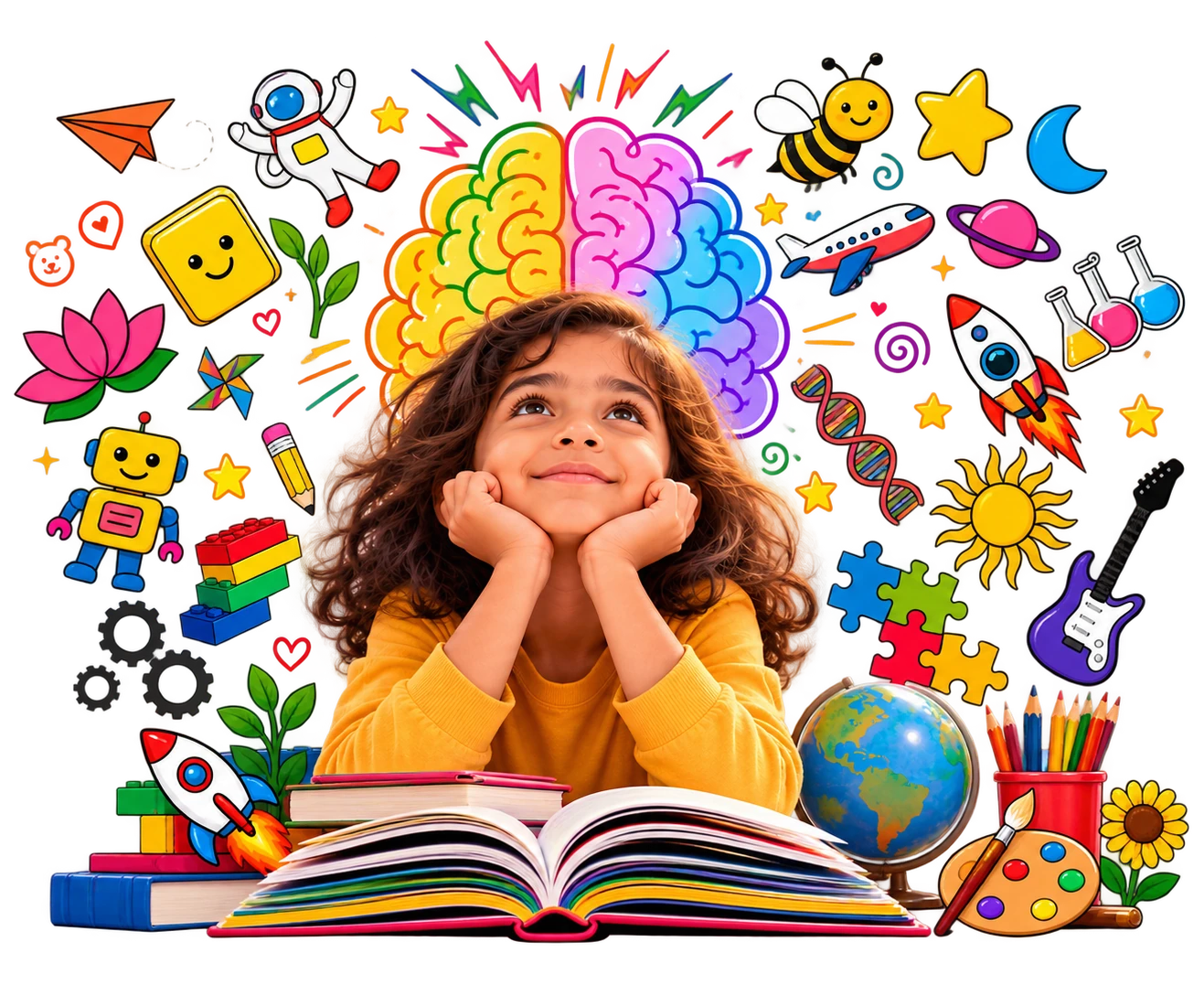 A girl imagining a colourful brain surrounded by science, art and play