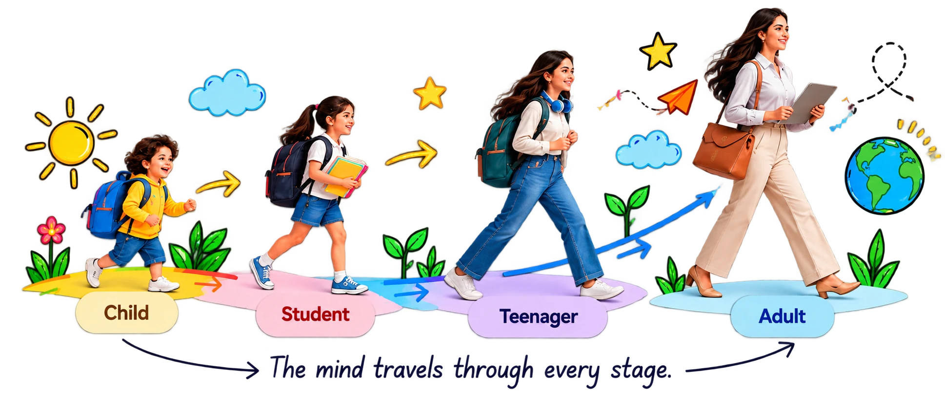 A girl growing from child to student, teenager and adult. The mind travels through every stage.