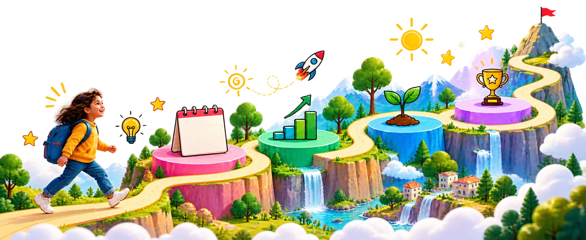 A girl walking up a winding path through hills toward a trophy on a mountain top