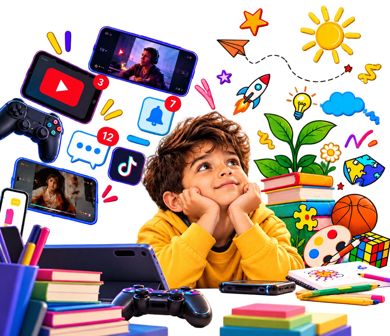 A boy surrounded by phones, notifications, games and creative toys