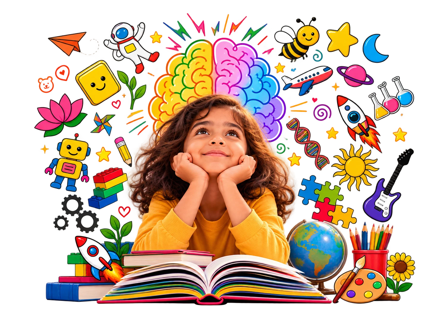 A smiling girl dreaming with a colourful brain and doodles of science, art and play around her