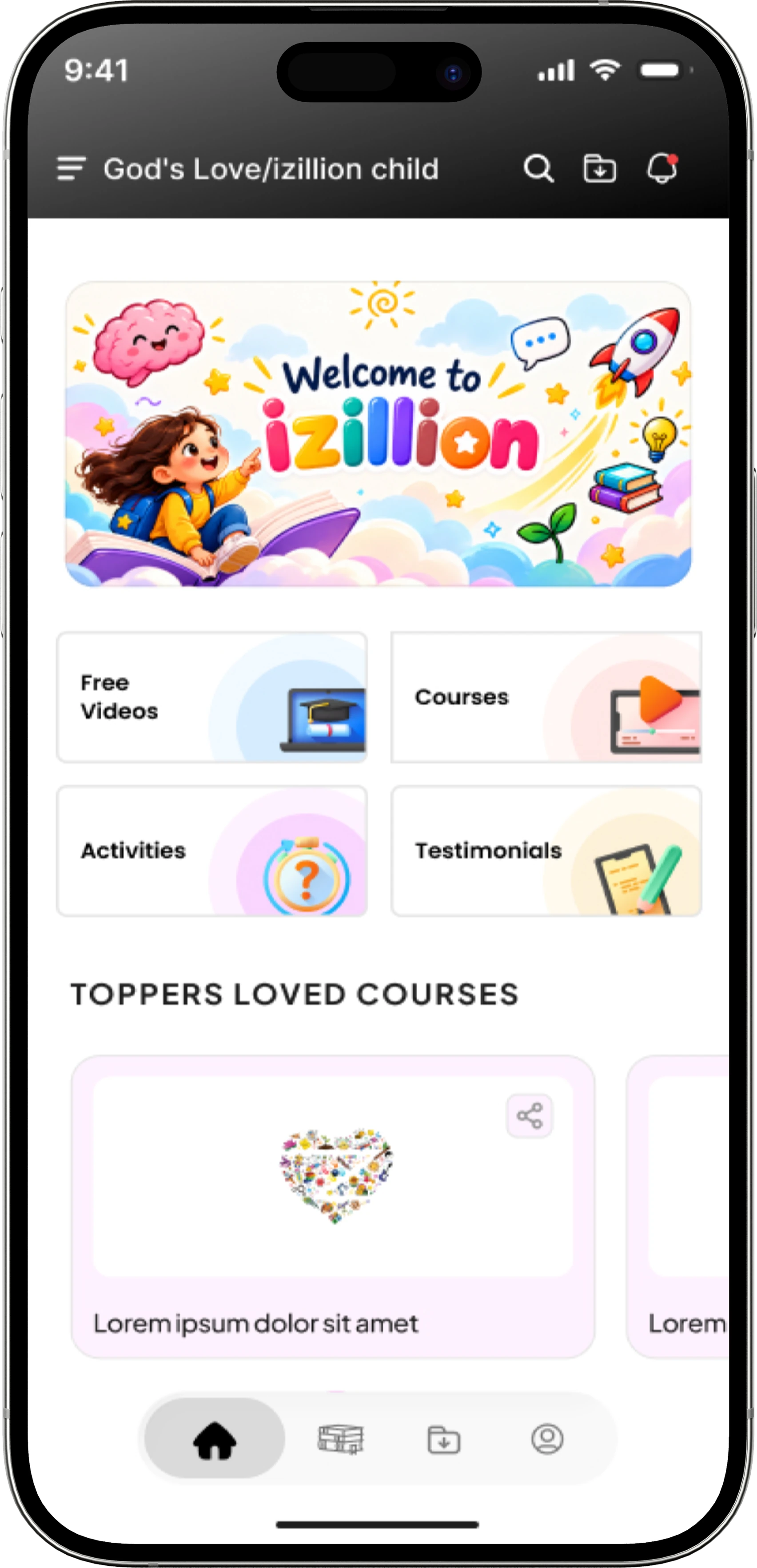 The izillion child app on an iPhone